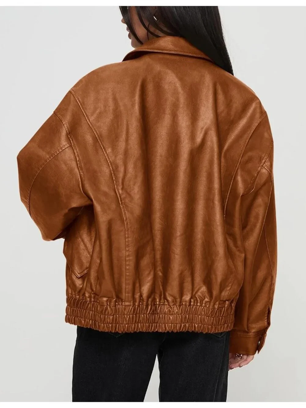 Women's Brown Oversized Winter Moto Biker ZIP Up Fall Faux Leather Jacket